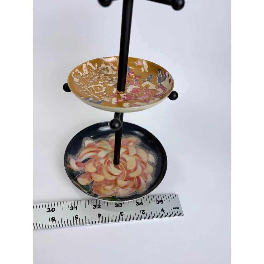 Floral Jewelry Stand 3 Tier Metal Trinket Dish Black Gold Pink